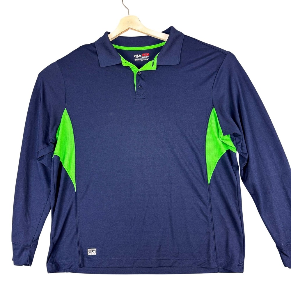 Fila Sport Golf Polo Shirt Mens XL‎ Blue Green Long Sleeve Performance